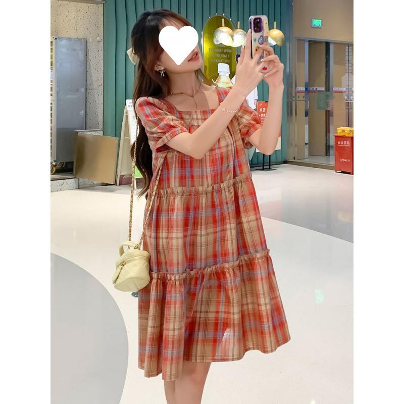 2024 Frisches Karomuster A-Linien Kurzarmkleid für zierliche Frauen