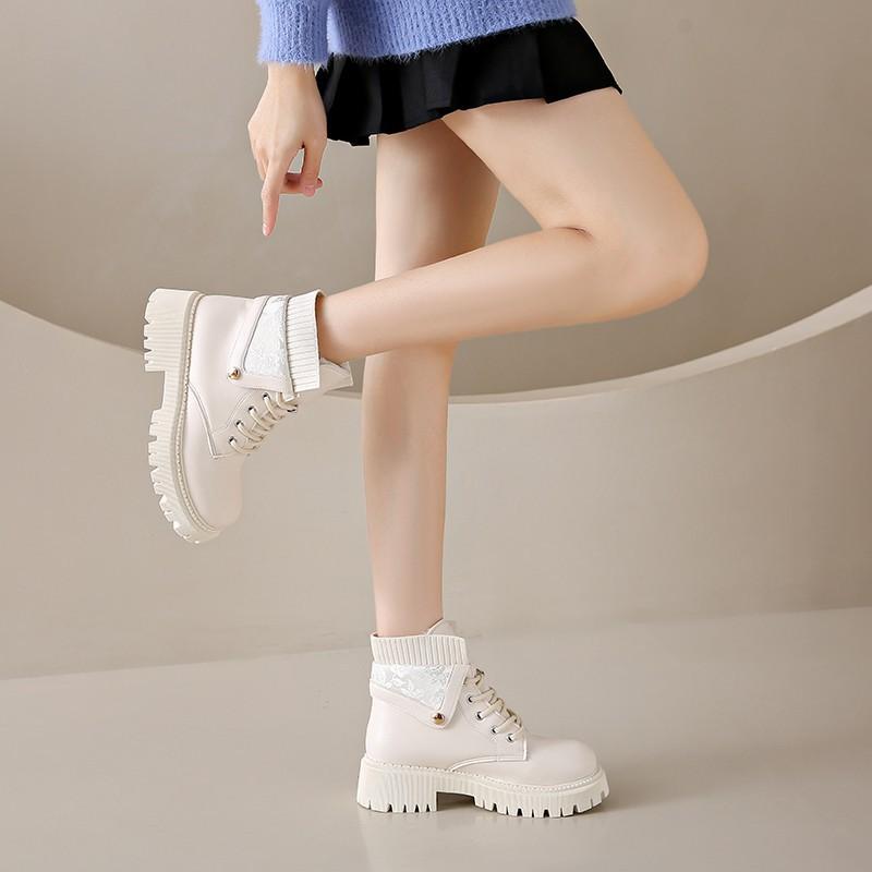 Autumn and winter new women s pu leather boots quack good to wear large size small leather boots waterproof table versatile tide 42 бежевый
