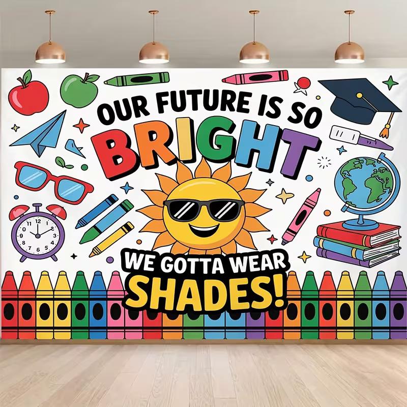 

2D Bright Future Graduation Backdrop Cartoon Sun Crayon Elementary School Party Background 47.2x31.5inch/120*80cm