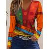 Fashionable Elegant Ethnic Retro Color Block Patchwork Graphic Transfer Print V-Neck T-Shirt, Casual Daily Shirt
