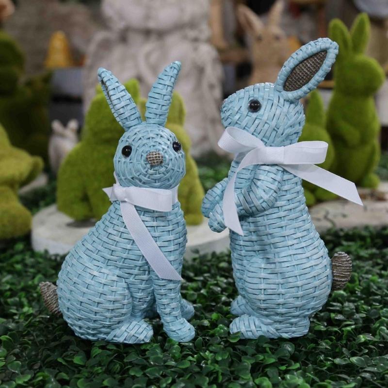 Easter Bunny Figurine Resin Rattan Woven Rabbit Statue Decorative Crafts Accessory for Indoor Outdoor Garden Yard Decor