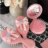 Durable Pink Round Folding Comb with Mirror Anti Static Bow Decor Handle Comb Cartoon Compact Pocket Hair Brush Girl