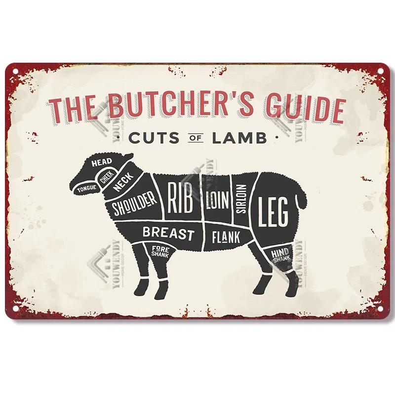 The Butcher's Guide Vintage Metal Signs, Kitchen Poster Cuts of Beef, Pork, Duck, Fish, Shop Wall Decor, Tin Sign, 20x30cm