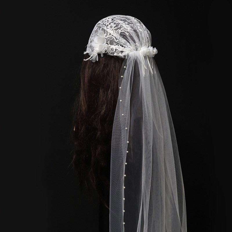 Pearl Beaded Bride Long Veil with Flower Applique Veil Photography Sheer Tulles