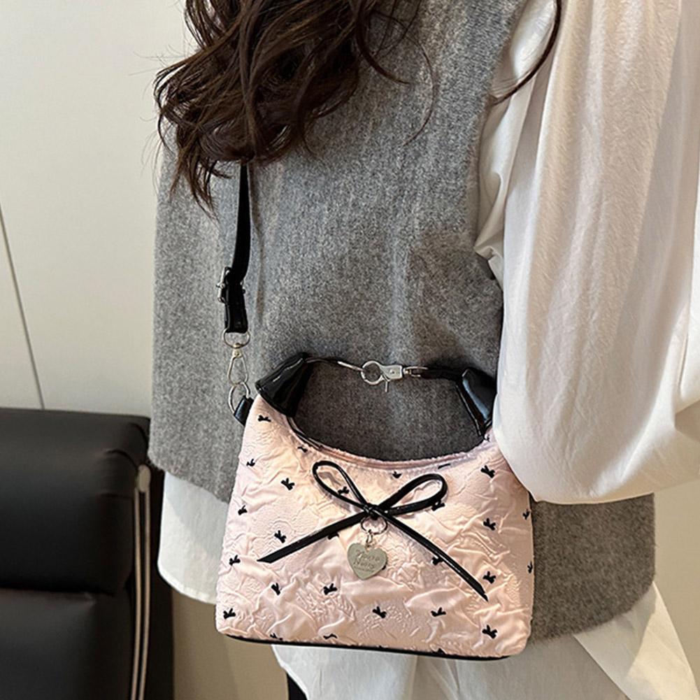 Bow Crossbody Bag for Women Sweet Fashion Print Metal Heart Pendant Hand-held Single Shoulder Bag Commute Handbag Underarm Pouch