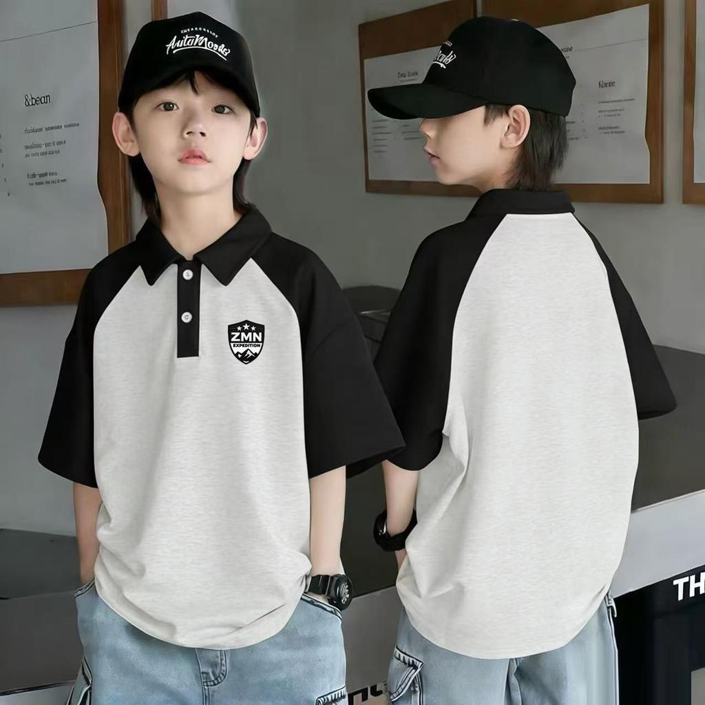 Summer Boys Cotton Colorblock Polo Shirt Medium Large Kids Trendy Short Sleeve Top