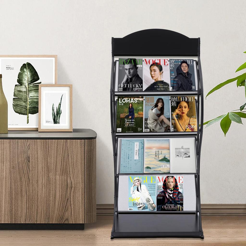4 Pockets Floor Standing Magazine Brochure Holder, A4 Brochure Display Stand Book Literature Floor Display Stand Literature Rack