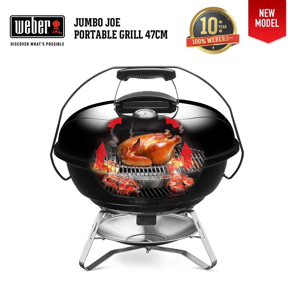 Weber Barbecue Stove 47cm Diameter Jumbo Joe Camping Fire Pit for 6-8 People with Thermometer 1211308 Black
