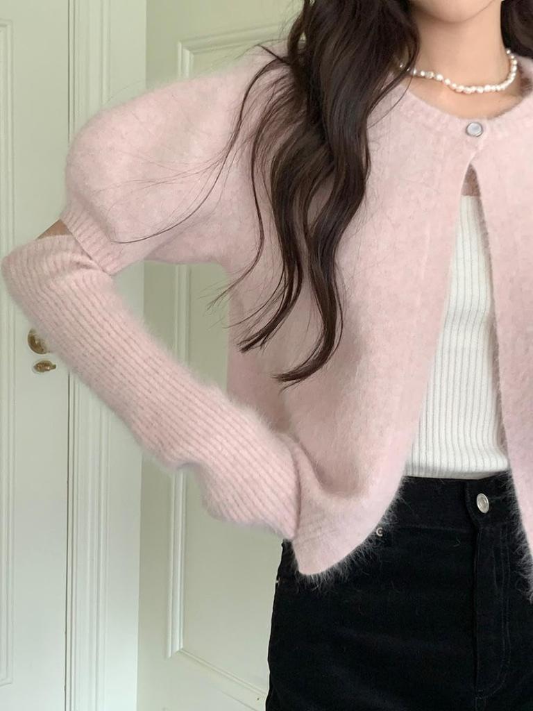 Korean Fashion Knit Sweater with Long Sleeves and Arm Set of Cardigan and Short Sleeve Korean Short [KOREARU] Women's Covers, Bolero, Knitwear,