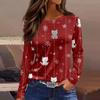 Women's Fashion Casual Slit Hem Round Neck Long Sleeve Loose Christmas Printed T-Shirt Ladies Top