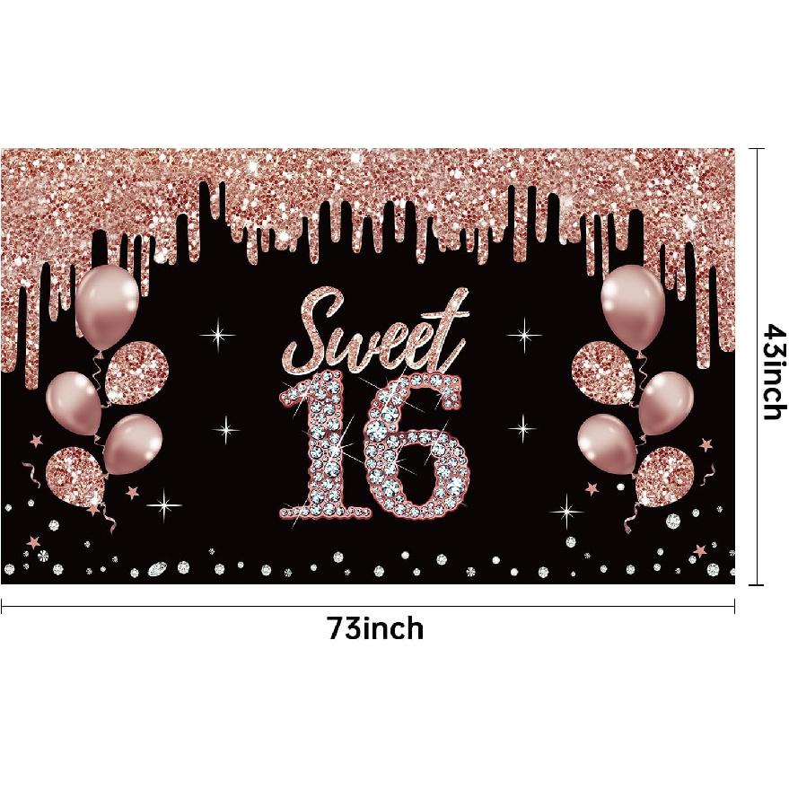girl16Birthday Decoration Banner,Rose Gold Sweet 16 Birthday theme sign party supplies,16 Birthday background photo booth suitable for indoor and