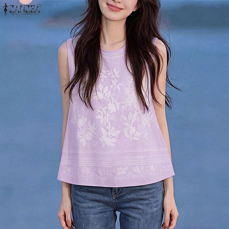 ZANZEA Women Print Casual Round Neck Loose Sleeveless Tank Tops