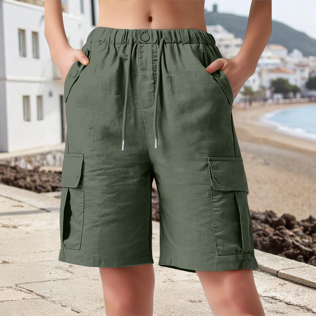 Women's Color Cotton And Linen Loose Casual Shorts With Pockets, Cropped Pants, Work Pants