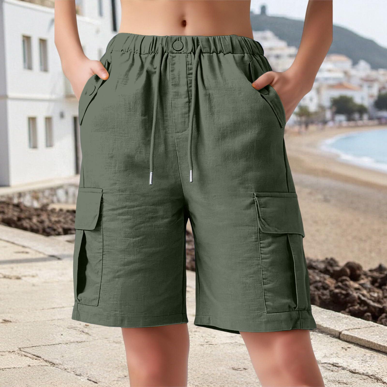 

Women s Color Cotton And Linen Loose Casual Shorts With Pockets, Cropped Pants, Work Pants L армия зеленый