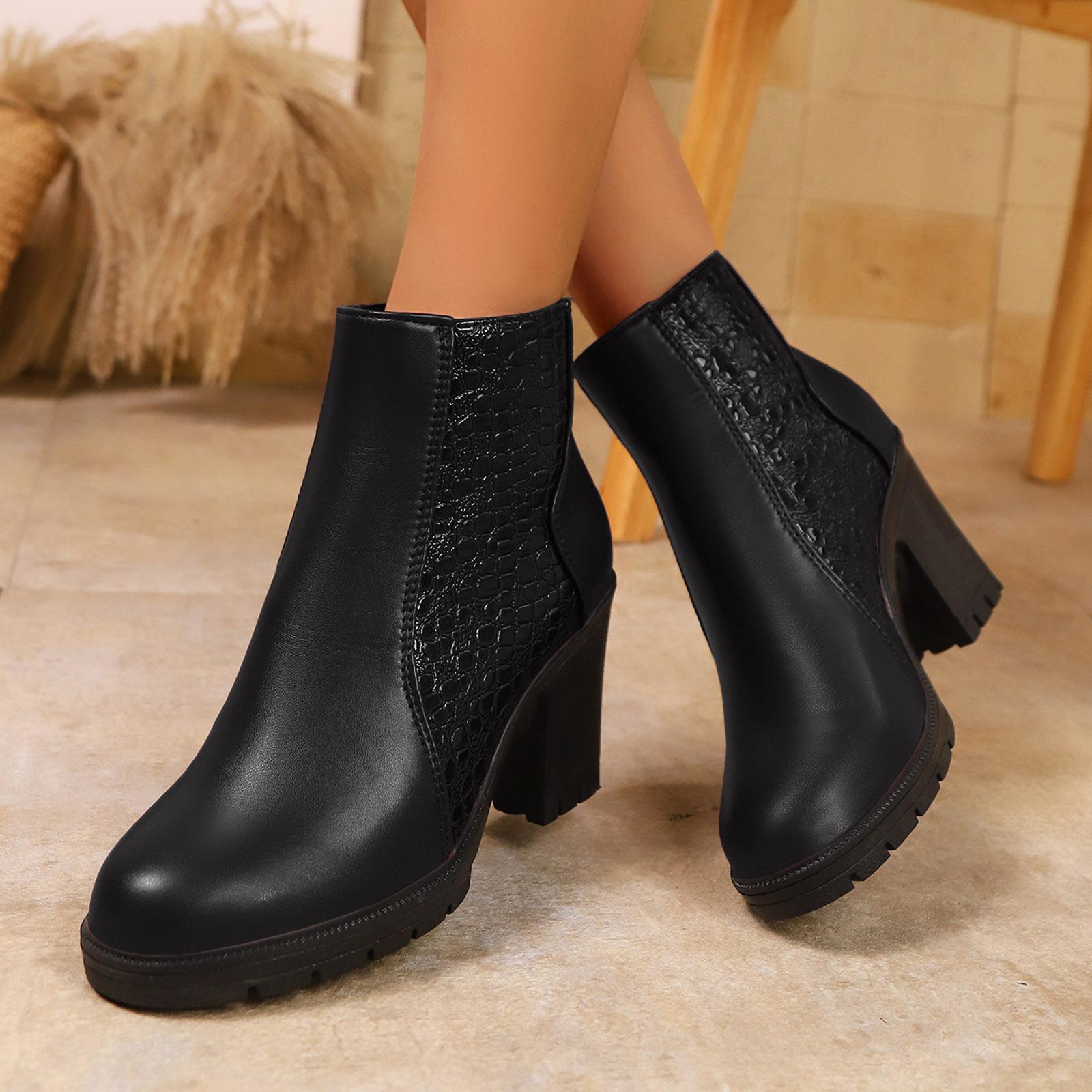 Women s Chunky Heel Round Toe Ankle Boots Fashionable Casual Leather Rear Zipper Round Toe Thick Womens Leather Boots Low Heel 36 чёрный