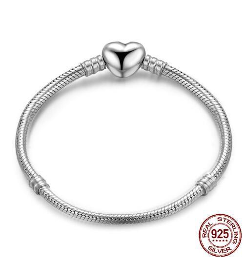 925 Silver Moments Signature Clasp Crystal Snake Chain Bracelet Bangle Fit Bead Charm Jewelry