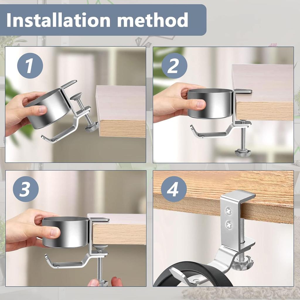Aluminum Alloy Clamp-On Desk Cup Holder 360 Degree Rotatable Headphone Bag Hanger