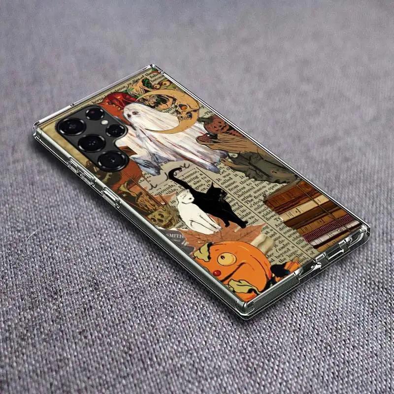 Halloween Fall Art Witch Cat Clear Phone Case for Samsung Galaxy S21 Plus S24 S23 S20 FE S22 S26 Ultra S25 Edge TPU Capa Cases C