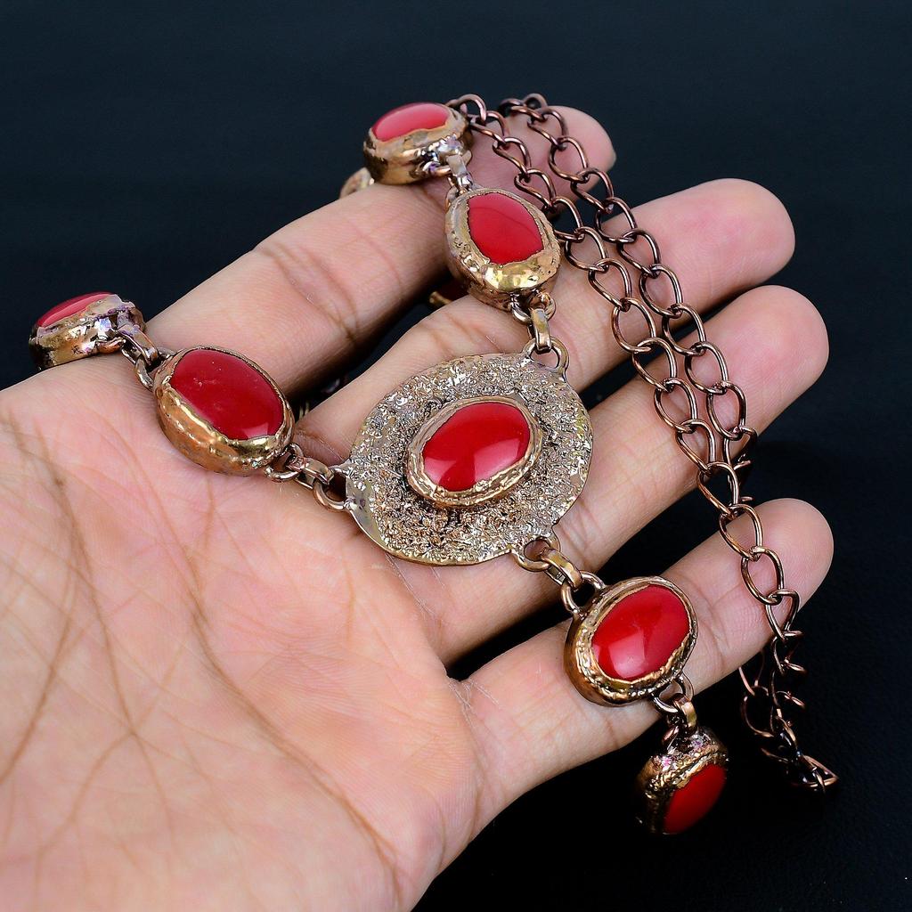Red Coral Handmade Gemstone Necklace, Copper Electroformed Necklace Antique Jewelry, Adjustable Chain Necklace Engagement Gift