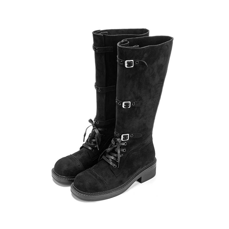 

Retro strap western cowboy boots children thick heel buckle autumn and winter new old Maillard tall knight boots 35