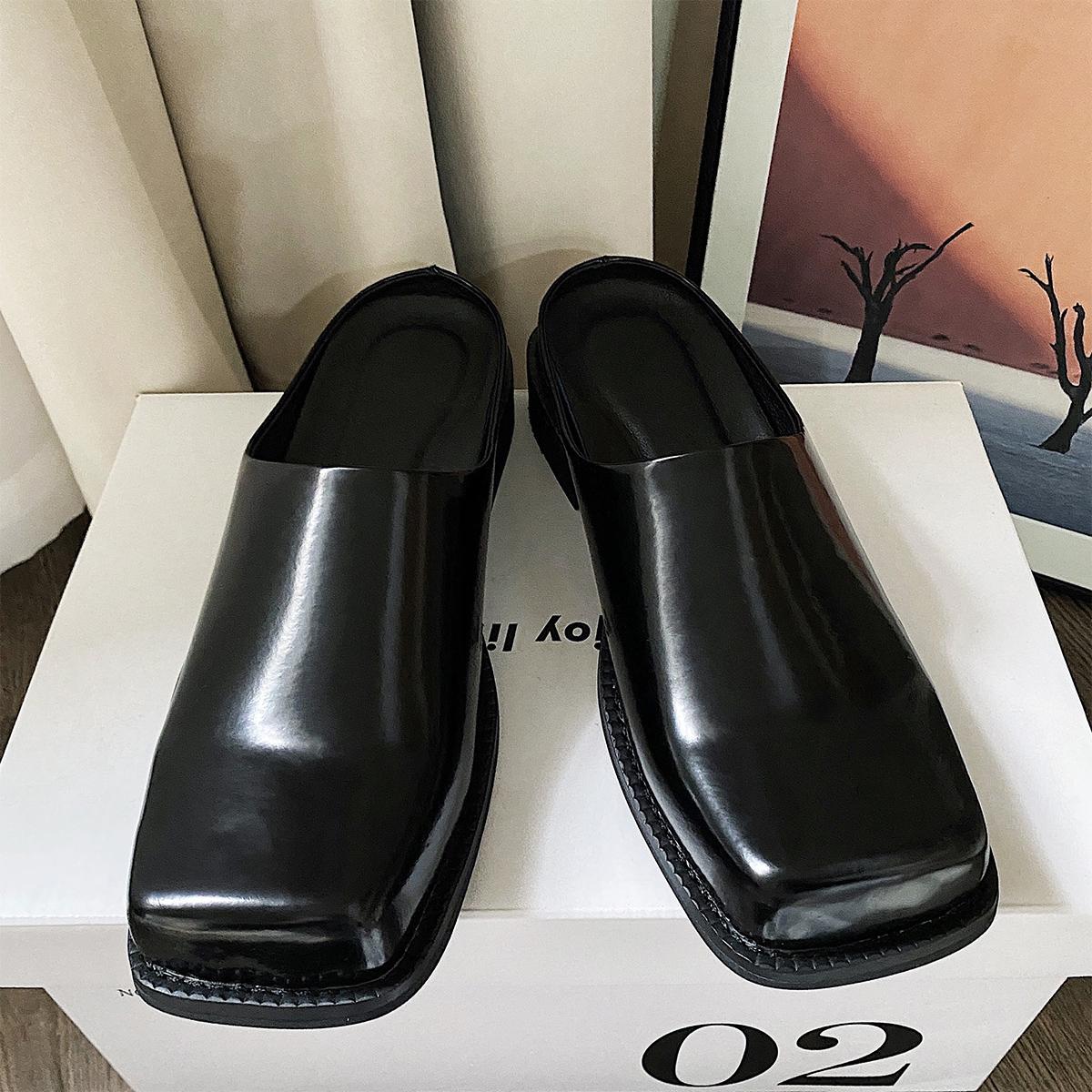 

дизайнерские кожаные шлепанцы для мужской летней уличной одежды на плоской подошве дышащие повседневные прямые черные мюли 38