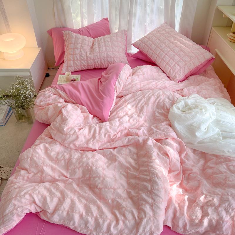 Korean Style Seersucker Cotton 4-Piece Bed Set - Girlish Duvet Cover & Sheet for Dorms (3-Piece)