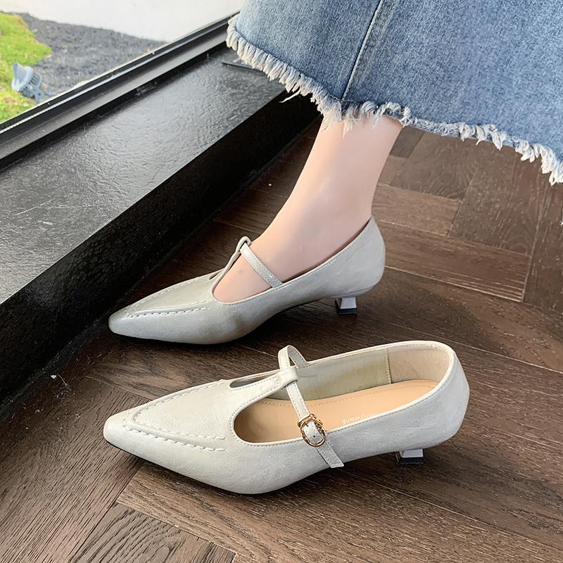 Leisure Fashion Pumps Woman Slip On Strange Mid Heels Pointed Toe Women Shoes Solid Leather Square Buckle Mary Jane Shoes Woman