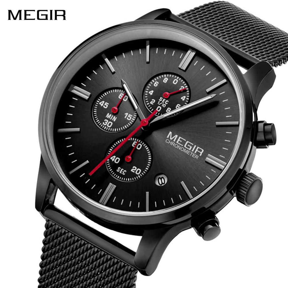 Megir Men Watches Mesh Stainless Steel Quartz Chronograph Watch Clock Relogio Masculino for Male Students Relogios