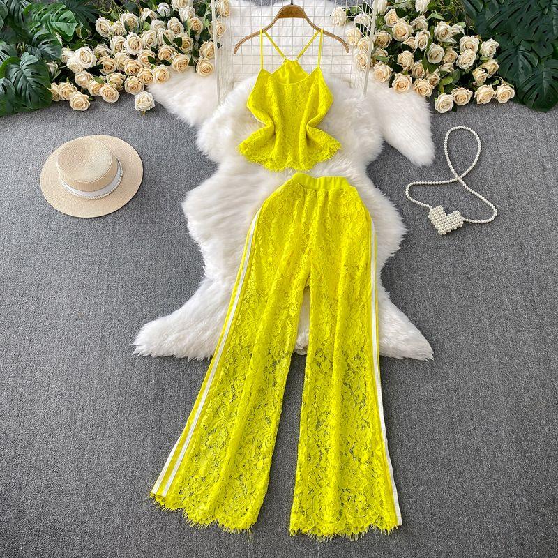 Pure Desire Style Sexy Lace Short Hanging Neck Sling + Contrast Color Stripe Gyaru High Waist Slimming Wide Leg Pants Two-piece Set