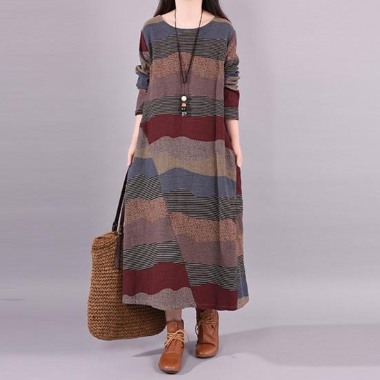 Women's Long Sleeve Cotton Linen Maxi Dress Vintage Bohemian Printed Patchwork Crew Neck Dress Fall Loose Outfit