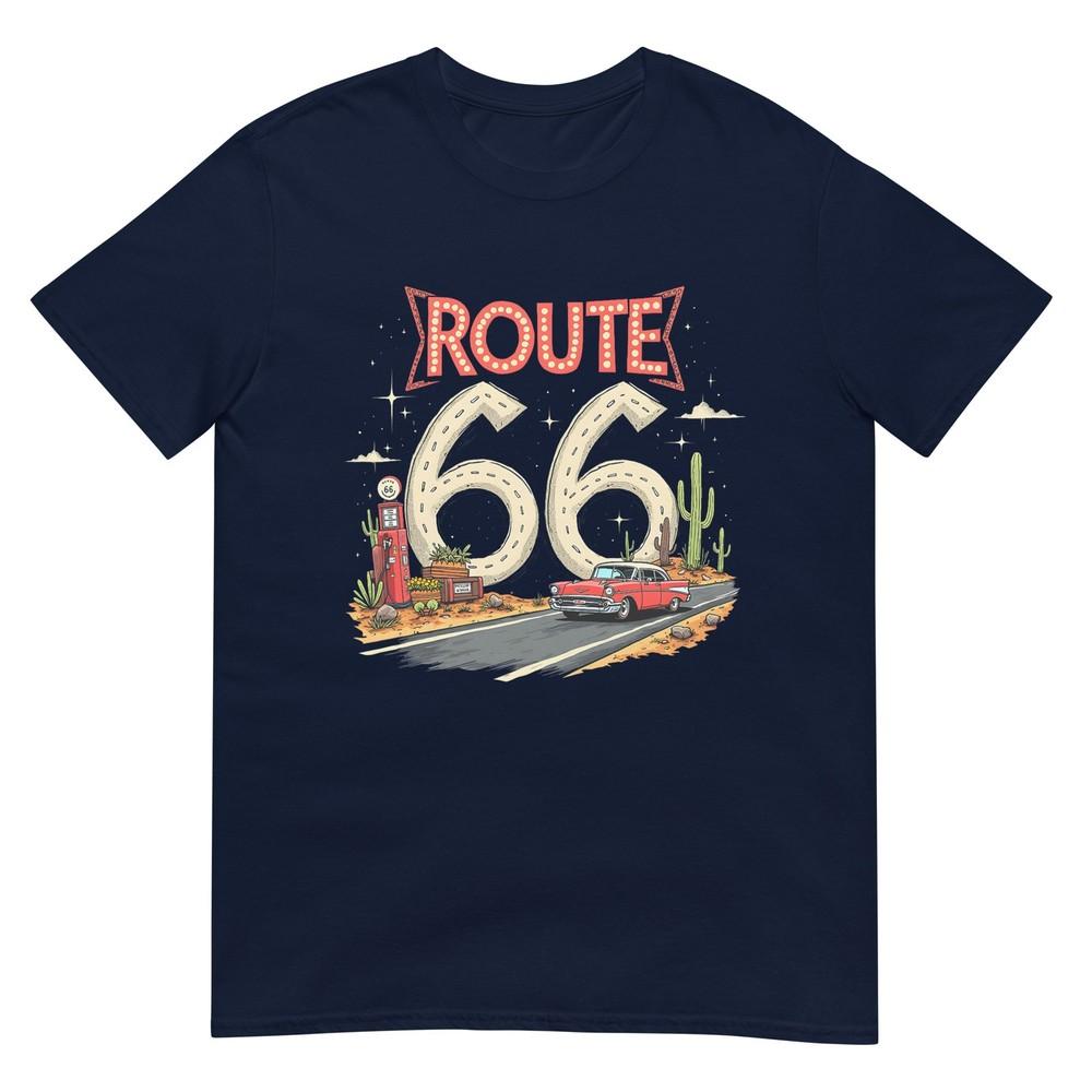 Classic Retro Route 66 Desert Scene With Red Vintage Car Tshirt S