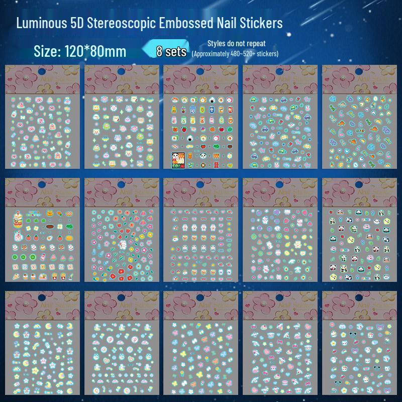 Glow-in-the-Dark 5D Embossed Nail Stickers for Girls - Waterproof, 3D Princess Design