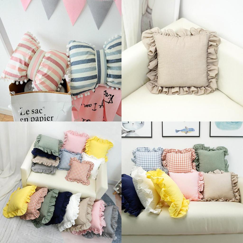 Striped Cotton Cushion With Bow And Pom Pom Trim For Home Decor**