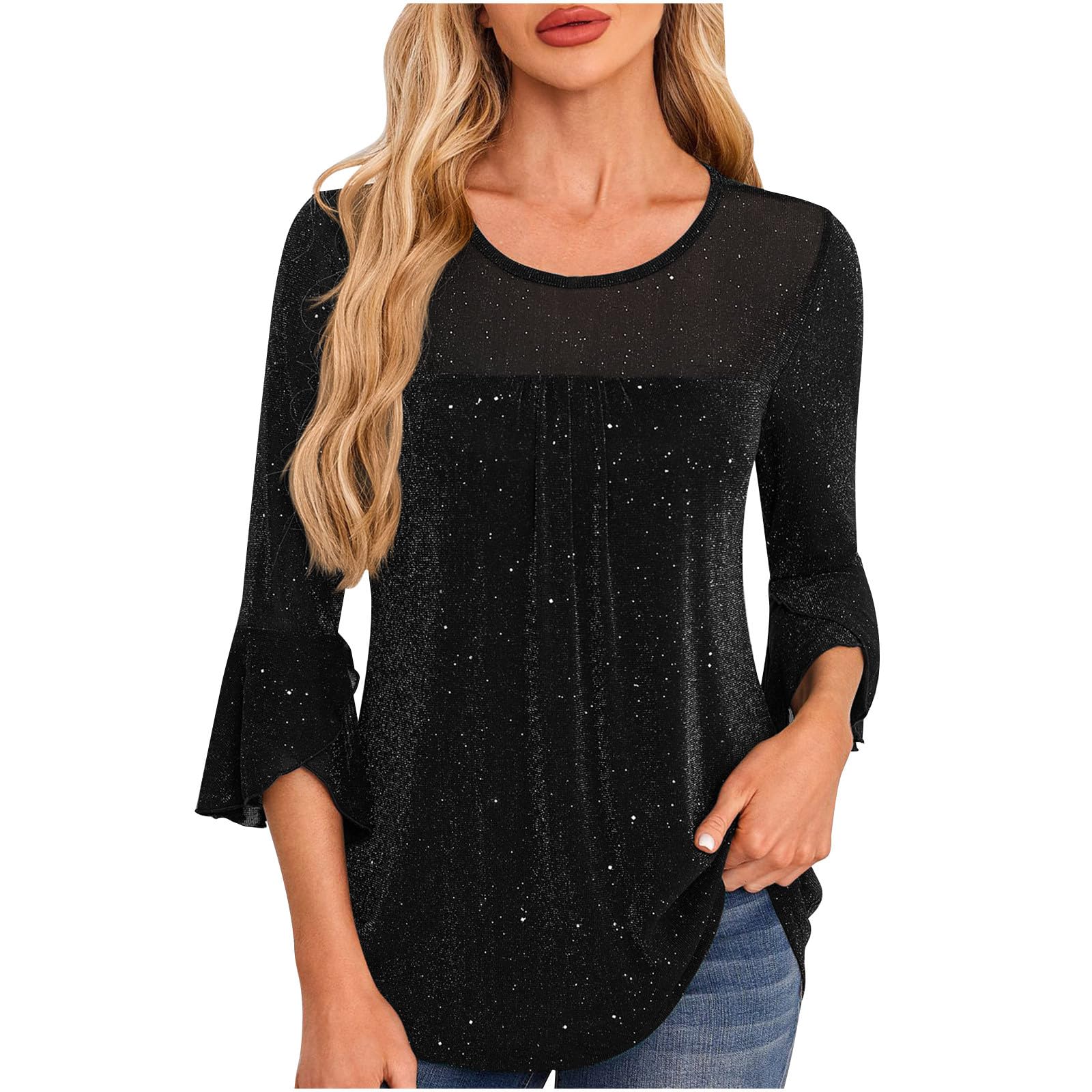 

Women s Solid Color Seven Quarter Sleeved Shirt With Pleated Flared Sleeves And Round Neck Mesh Top XXL