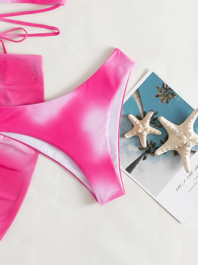 European and Americcan Women's Bikini Set 3 Pieces Tie Dye Swimwear Set Padded Bandage Top High Cut Brief Lace Up Cover-up Swimsuit Sexy Bathing Suit