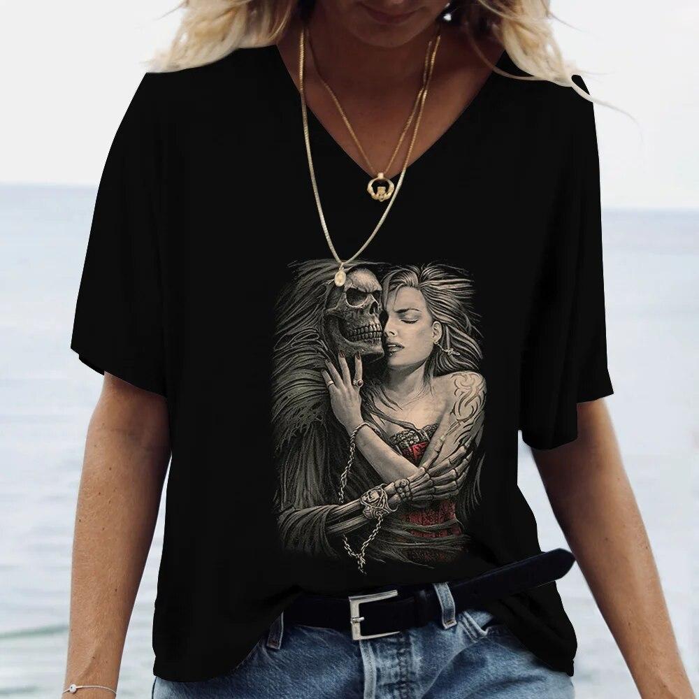 Nová dámská trička Skull Beauty Print Harajuku Y2k Streetwear Day of the Dead Oblečení Topy Dámské Oblečení nadměrné velikosti Letní 6xl