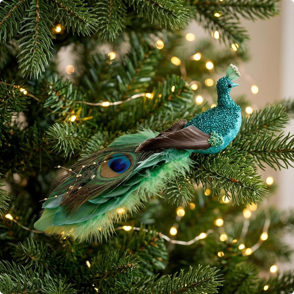 Glittering Pavo Ornament | Long cascading Feathered Tail, Lightweight Design for Branches, Peacock