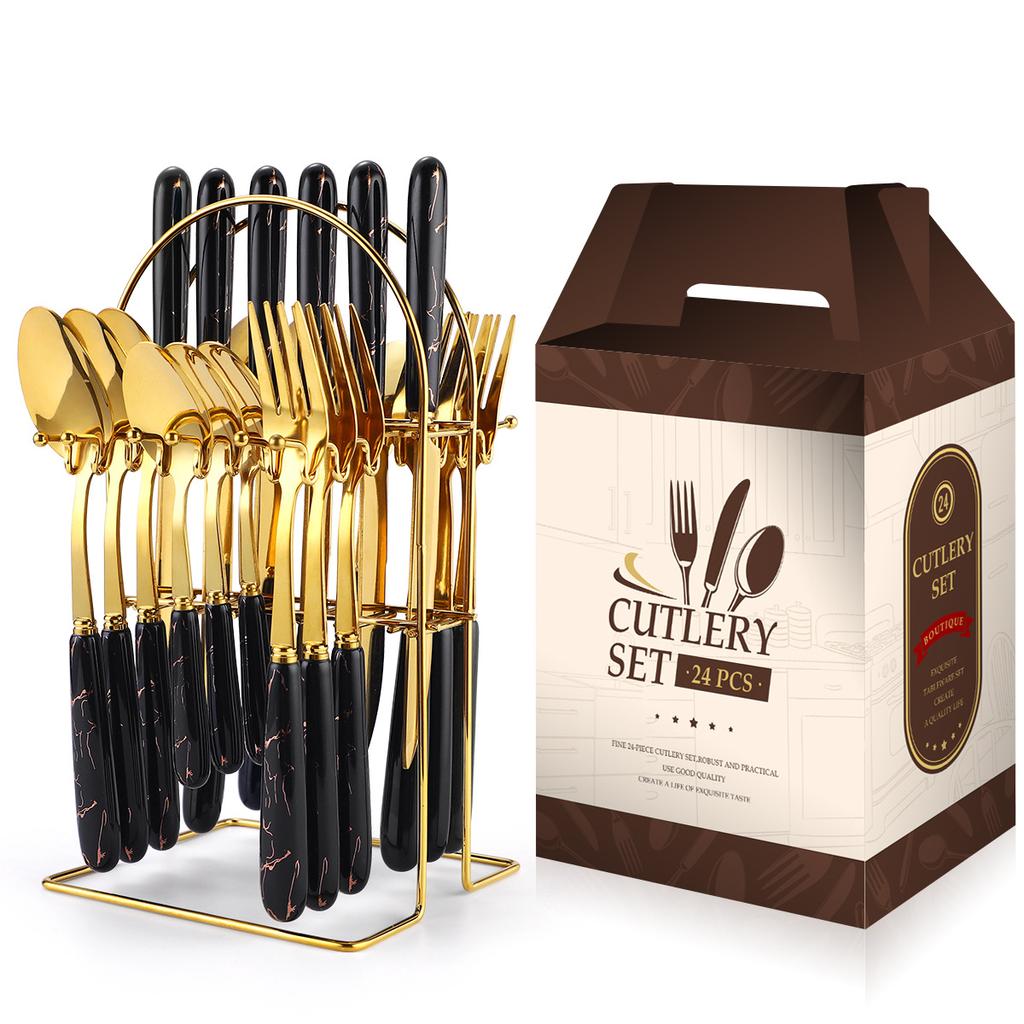 2026 Ceramic Handle Stainless Steel Tableware Set 24-piece Set Household Gold Knife and Fork Spoon Storage Shelf Gift Box