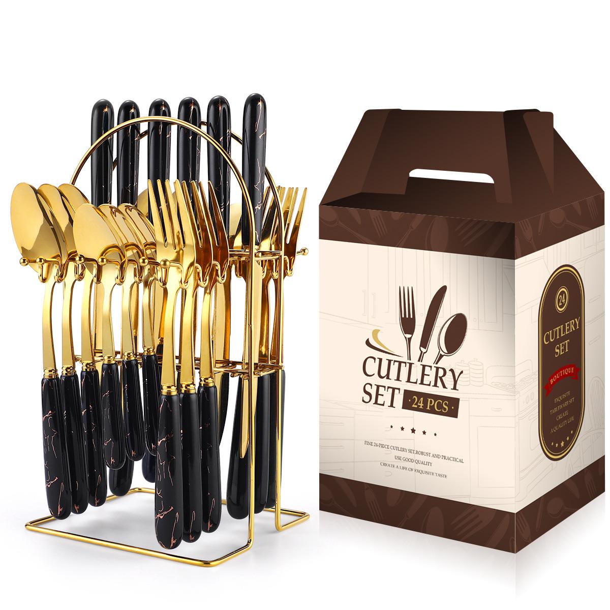 

2026 Ceramic Handle Stainless Steel Tableware Set 24-piece Set Household Gold Knife and Fork Spoon Storage Shelf Gift Box Quantity 24