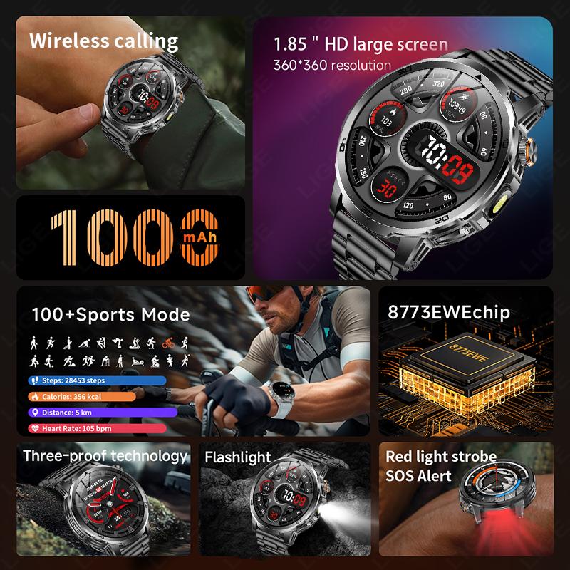 Outdoor Smart Watch Men 1000mAh Battery LED Flashlight SmartWatch Bluetooth Call Heart Rate Waterproof Sports Smartwatch