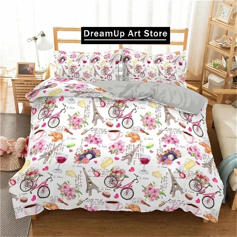 Eiffel Tower Duvet Cover Romantic Couple Flower King Comforter Cover Microfiber France Paris Cityscape Bedding Set For Girl Teen