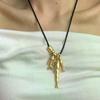 Fashion Autumn Winter New Metallic Fish Bone Pendant Necklaces For Women Long Adjustable Wax Rope Sweater Chain Chain