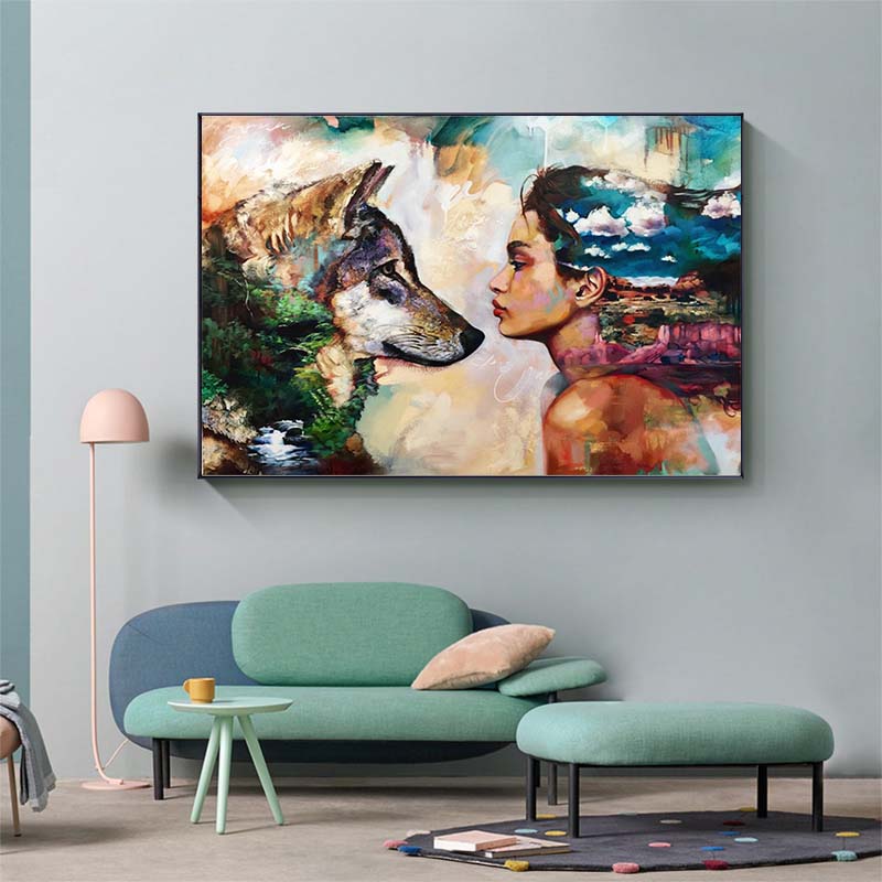 Abstract Women and Wolf Art Oil Paintings On Canvas Interior Decor for Home Landscape Wall Art Poster Print Pictures Living Room