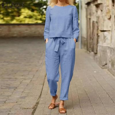 Women's Solid Color Loose Casual Shirt and Pants Cotton Two-piece Set