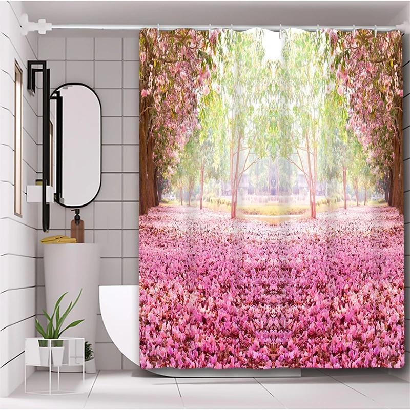 Cherry Blossom Grove Pattern Bathing Curtain Bathroom Shower Curtain Waterproof With 12 Hooks Home Deco