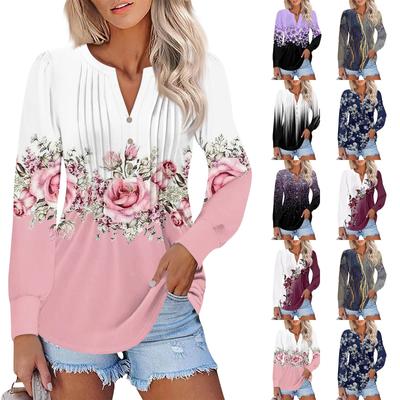 Damen Modisches T-Shirt mit Puffärmeln, plissiertem V-Ausschnitt und Blumendruck, Tunika-Oberteil
