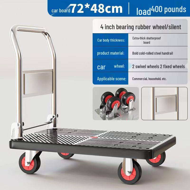 Silent Foldable Flatbed Trolley: Portable Steel Cart with Brake for Household Use