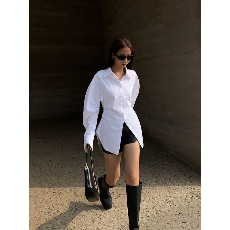 

White Waisted Slim Looking Niche Style Silm Long Sleeves Shirt White In Stock S