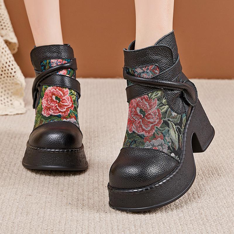 GKTINOO Women Motorcycle Boots Genuine Leather 2025 New Zip Round Toe Women Shoes Flowers Handmade Retro Ankle Platform Boots