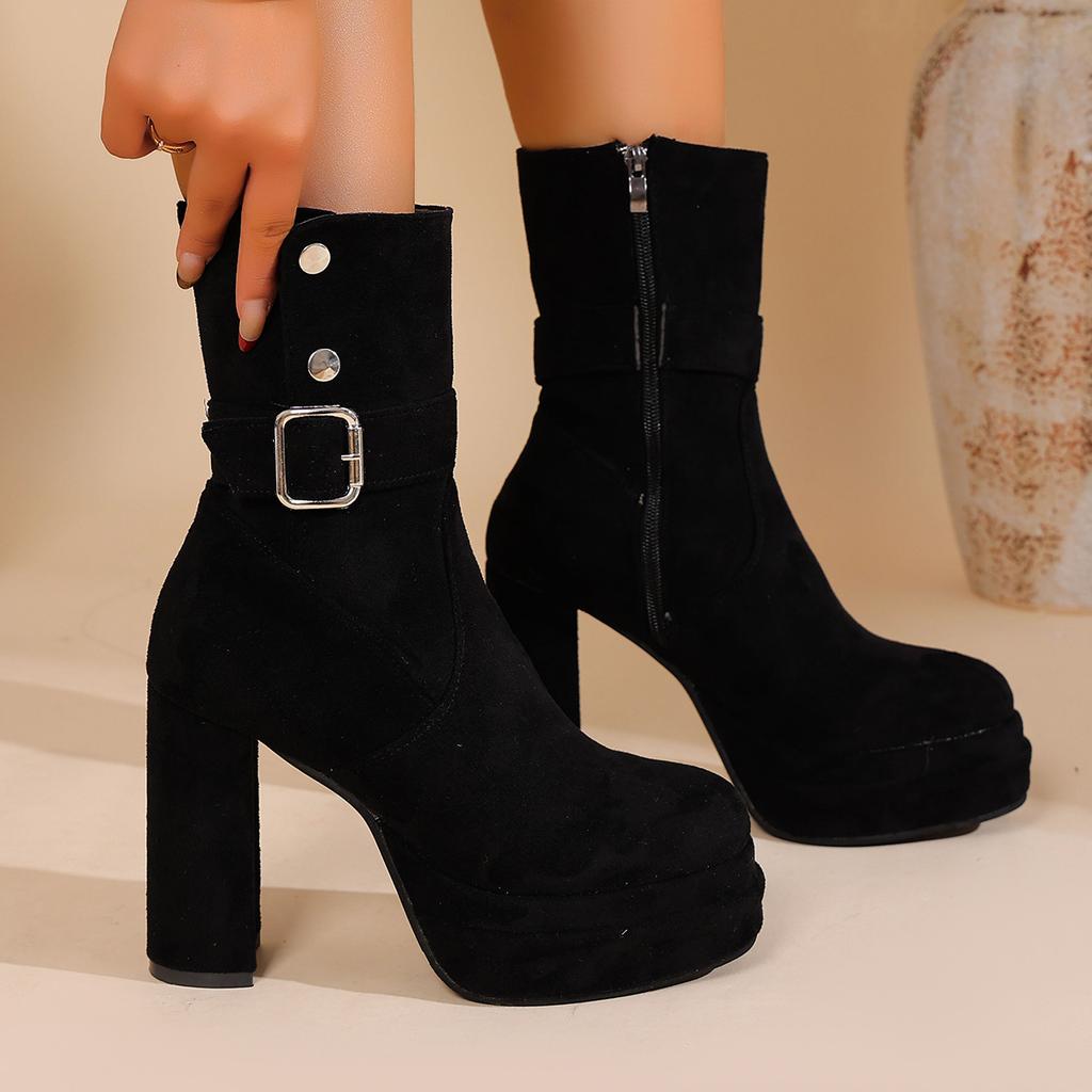 New Women's Wide Width Fashion Boots European American Style High Heel Ankle Boots Buckle Detail Platform Sole Autumn Shoes
